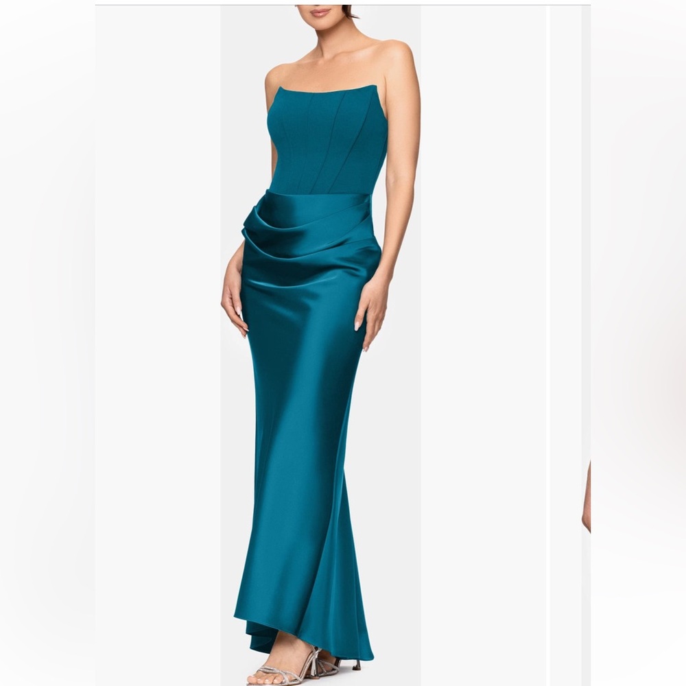 Betsy & Adam Teal Strapless Satin Maxi Skirt